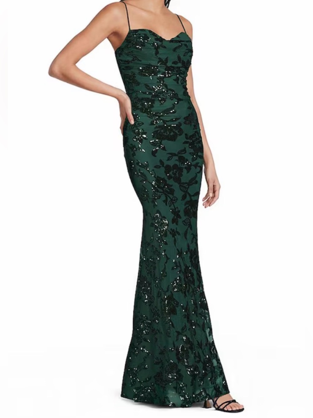 Green Sequin Lace Cowl Neck Mermaid Flare Hem Evening Gown Prom Homecoming